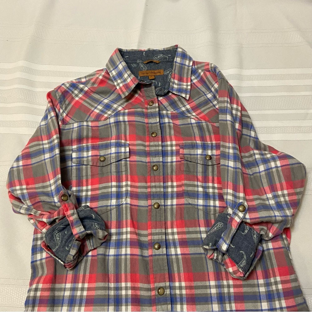 Jachs Girlfriend- Womens Pink & Gray Flannel Western Inspired Snap Shirt size S
